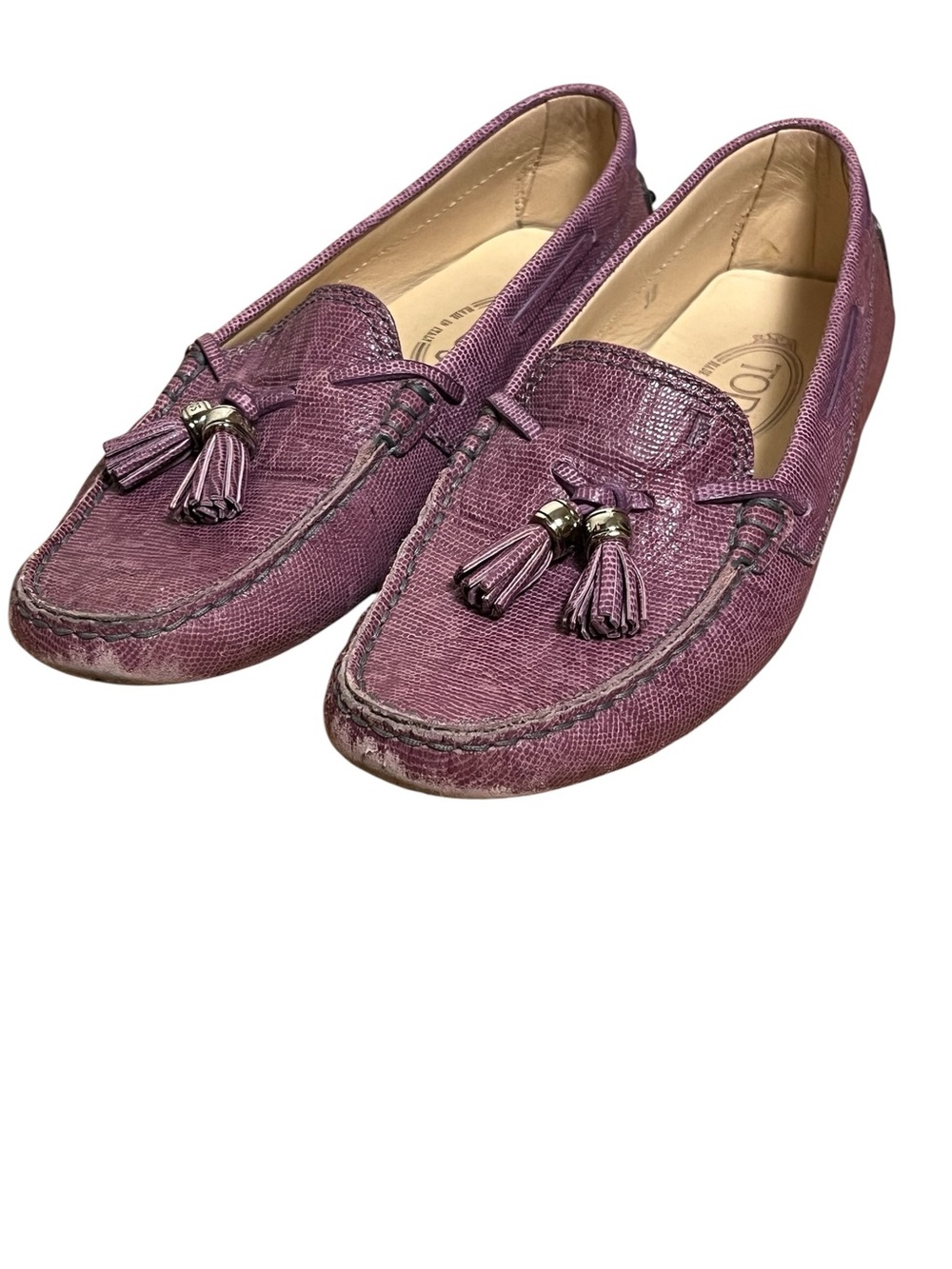 Tod's Gommino purple lizard-embossed leather tassel driving loafer moccasins 38 - Picture 6 of 16